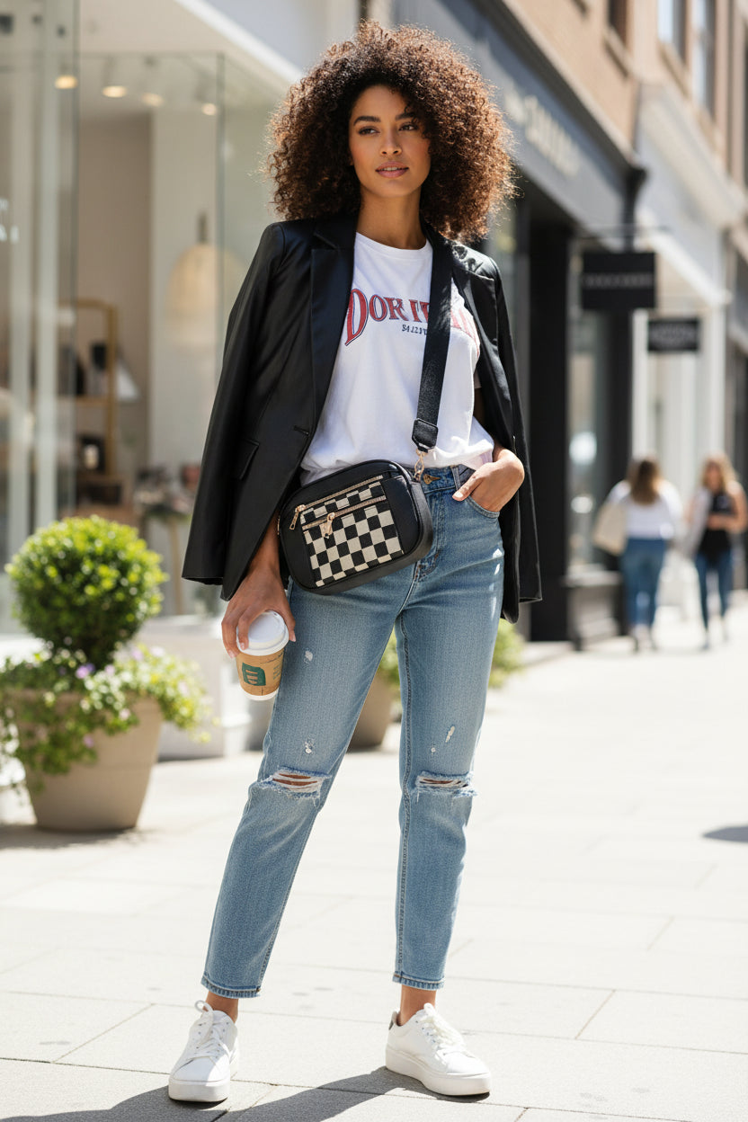 Black Checkered Crossbody